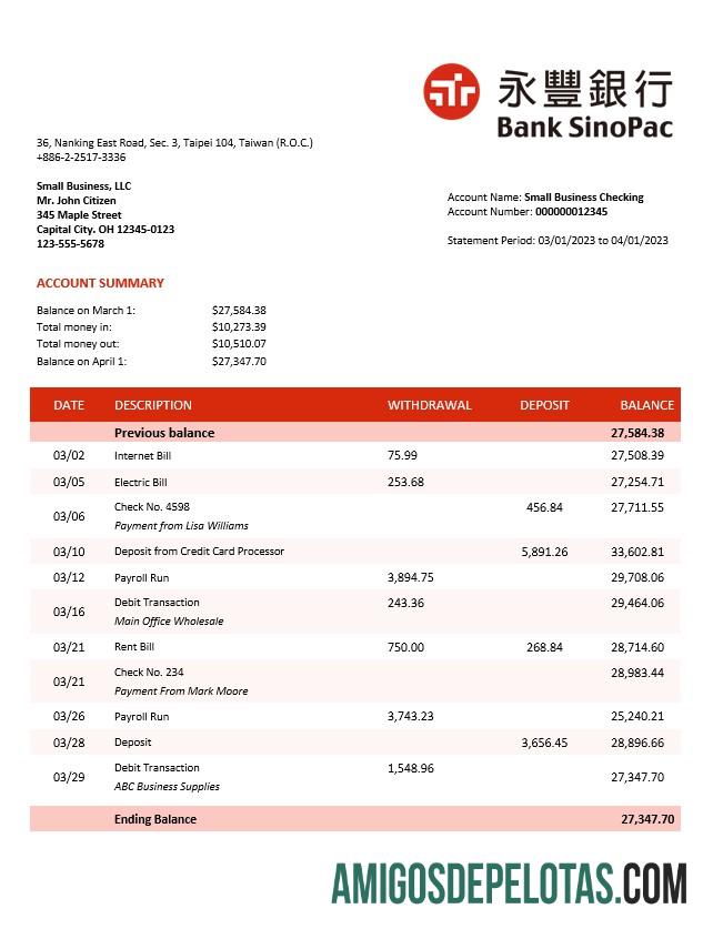 Em branco Bank Sinopac Enterprise modelo de extrato de conta Word e PDF